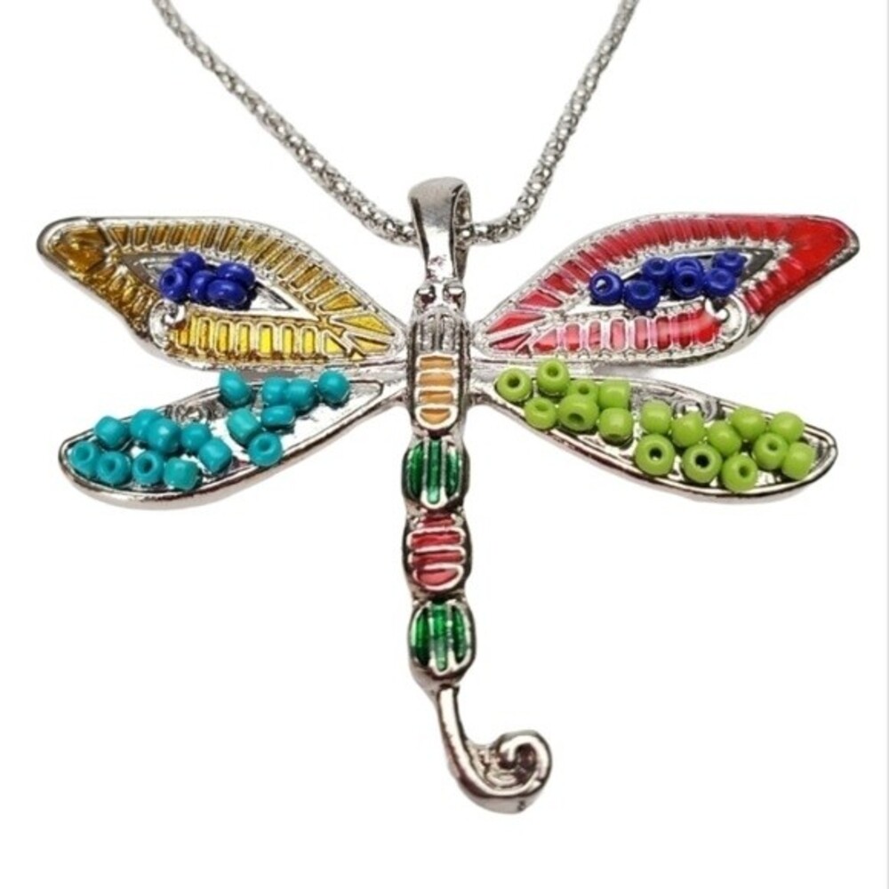 Silver Tone Dragonfly 18" necklace Seed beaded enamel *